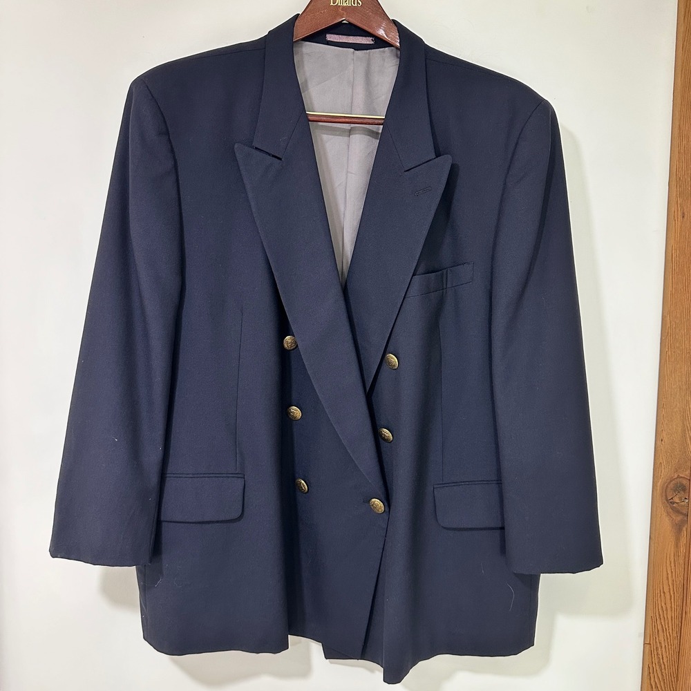 Vintage Carelli Wool Double Breasted Blazer Womens 52 Navy Gold Button Oversized